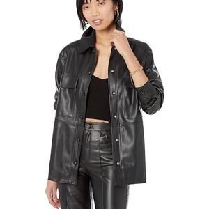 MANGO Faux Leather Long Sleeve Shirt Jacket Shacket Black 8